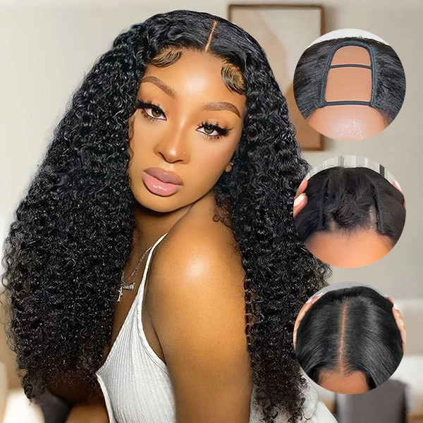10″ – 40″ Natural Black Color Kinky Curly Human Hair U / V Part Wig