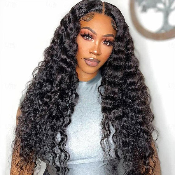 10″ – 40″ Natural Black Color Deep Wave Human Hair U / V Part Wig