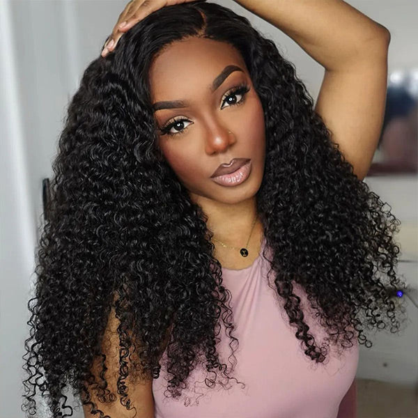 10″ – 40″ Natural Black Color Kinky Curly Human Hair U / V Part Wig
