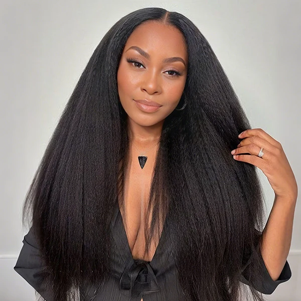10″ – 40″ Natural Black Color Kinky Straight Human Hair U / V Part Wig