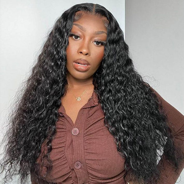 10″ – 40″ Natural Black Color Water Wave Human Hair U / V Part Wig
