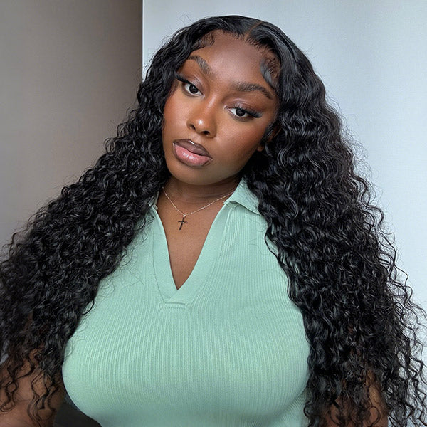10″ – 40″ Natural Black Color Water Wave Human Hair U / V Part Wig