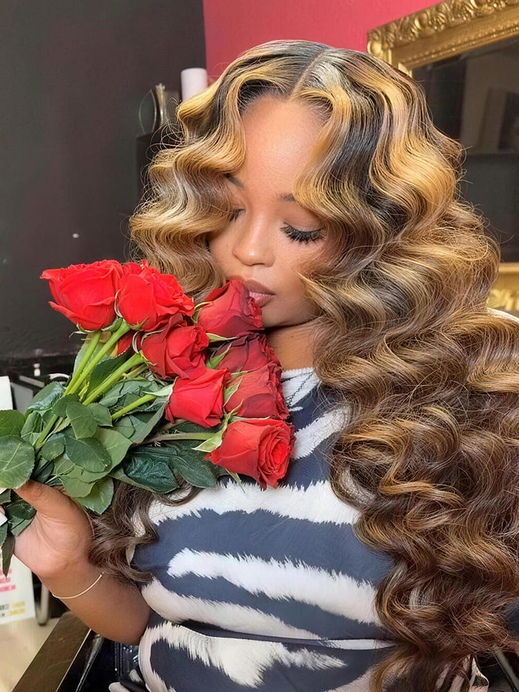 10″ – 40″ Highlight Color Loose Wave Human Hair Lace Front Wig