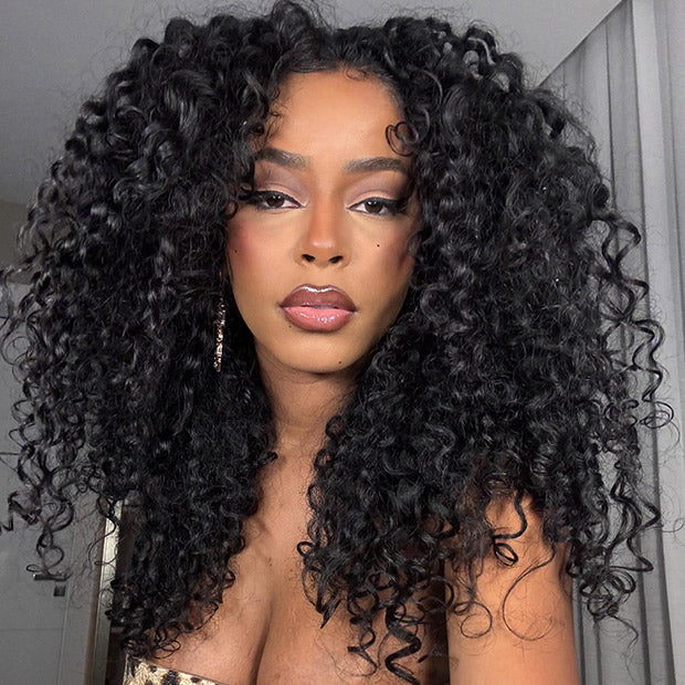 10″ – 40″ Natural Black Color Deep Curly Human Hair Drawstring Half Wig