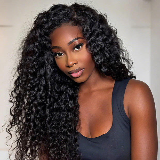 10″ – 40″ Natural Black Color Deep Curly Human Hair Drawstring Half Wig