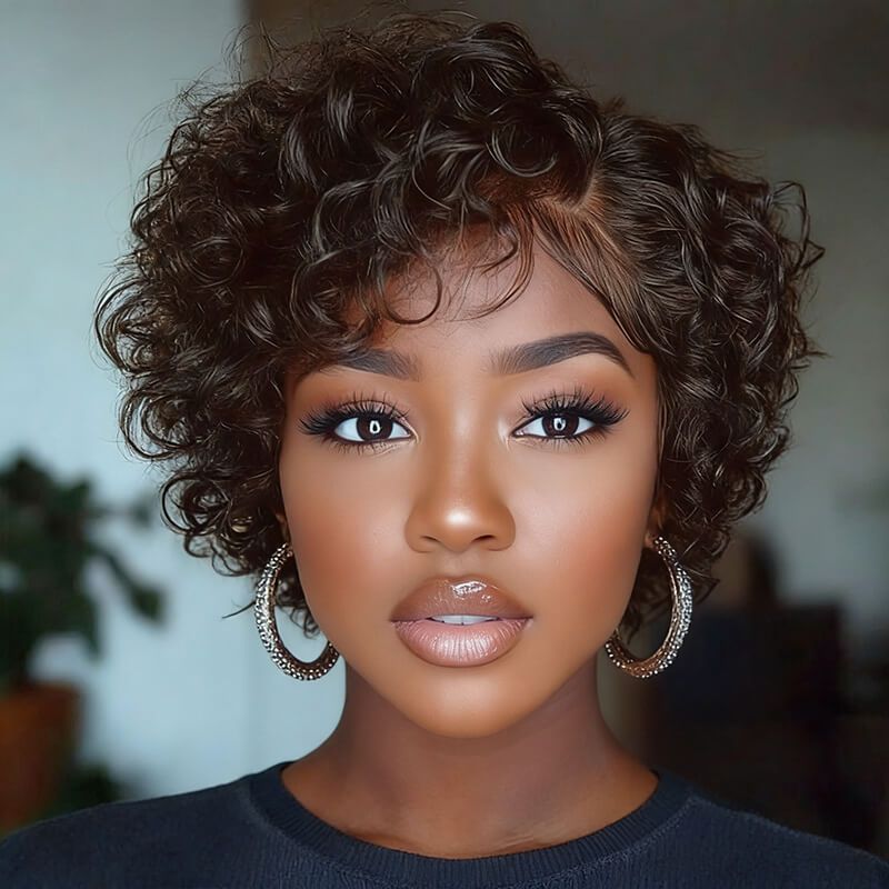 8″ Natural Black Color Pixie Cut Human Hair Lace Front Wig