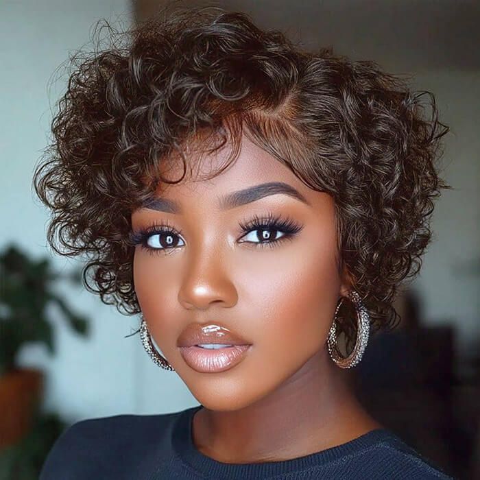 8″ Natural Black Color Pixie Cut Human Hair Lace Front Wig