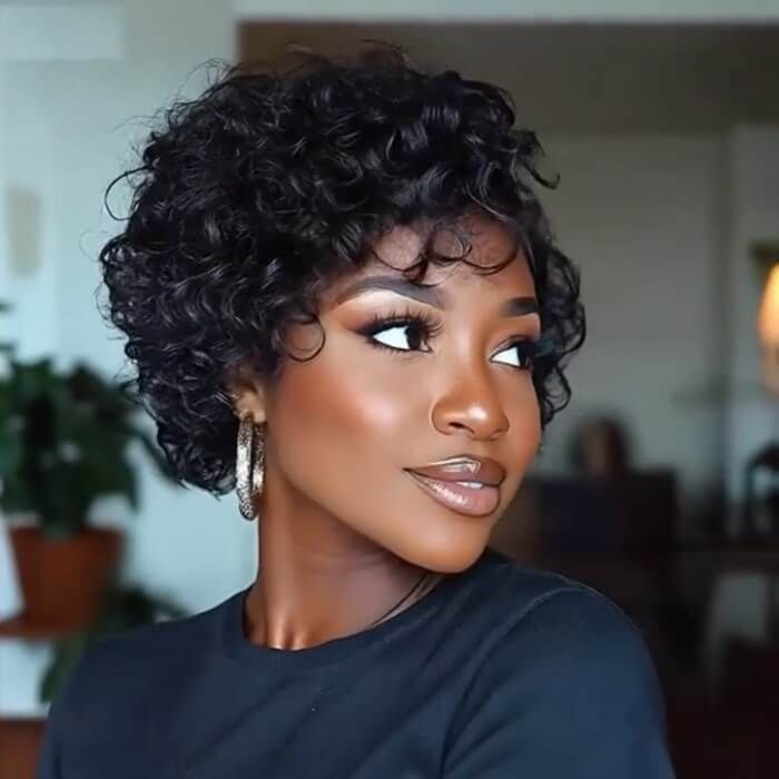 8″ Natural Black Color Pixie Cut Human Hair Lace Front Wig