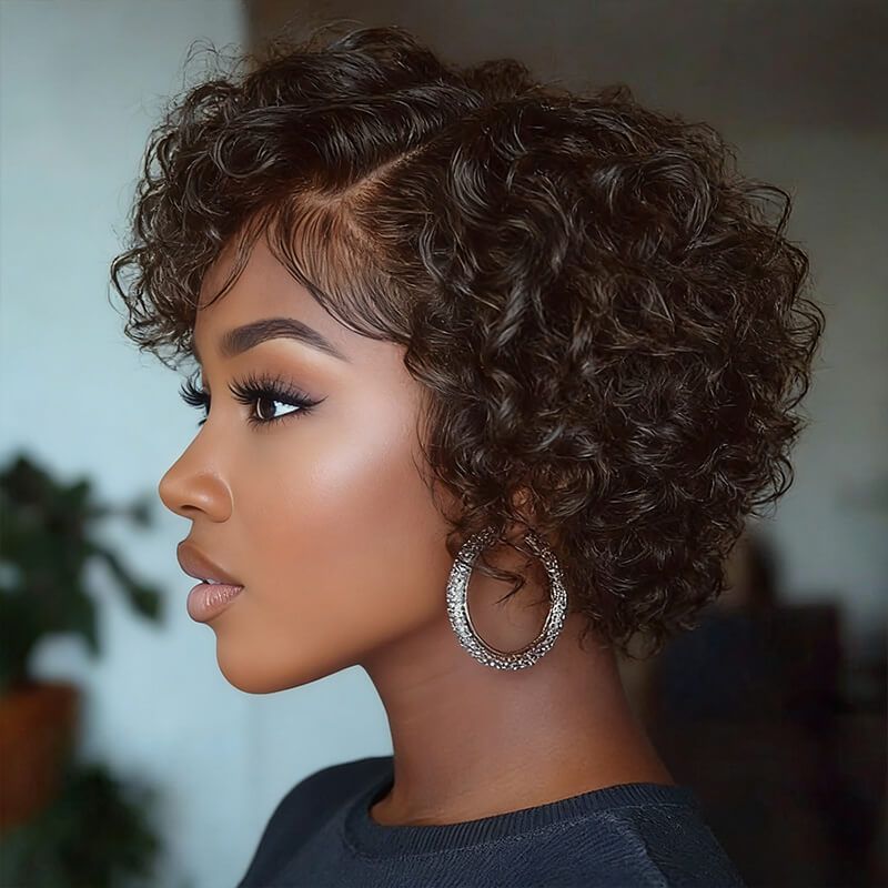 8″ Natural Black Color Pixie Cut Human Hair Lace Front Wig