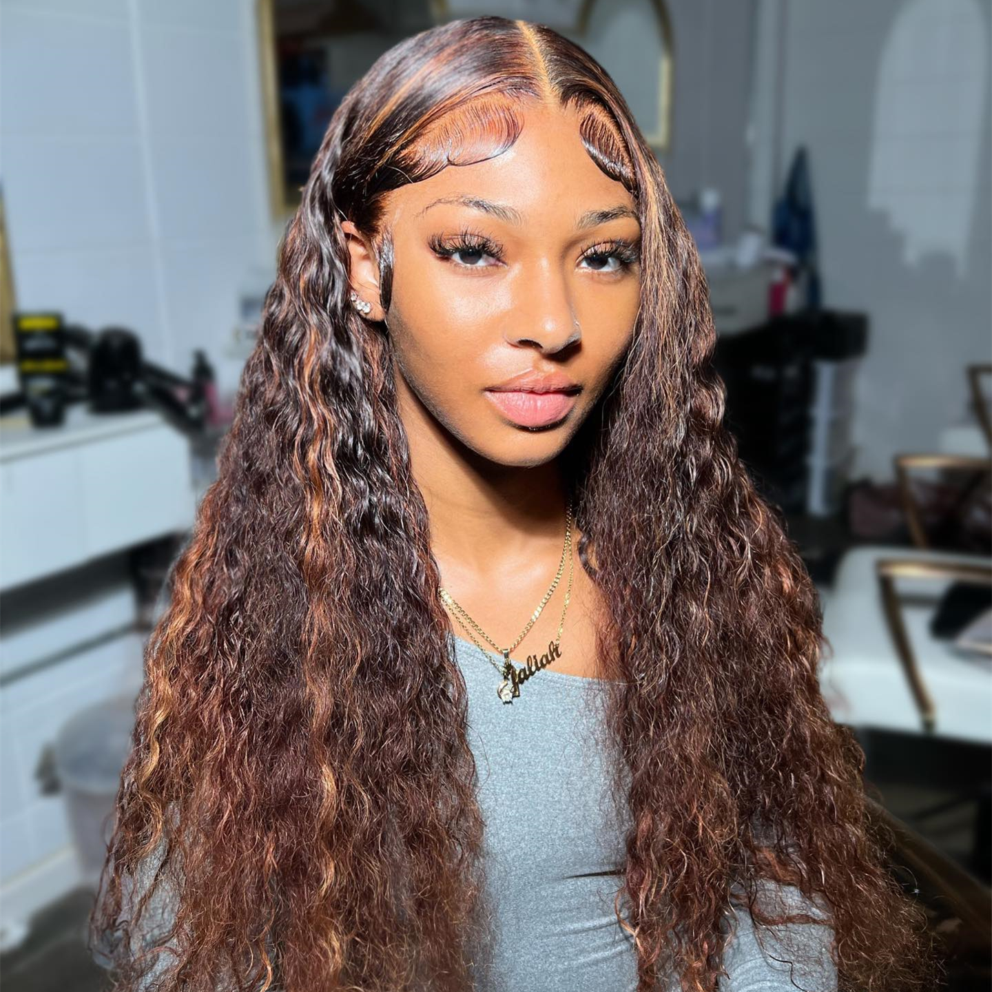 10″ – 40″ Highlight Color Water Wave Human Hair Lace Front Wig