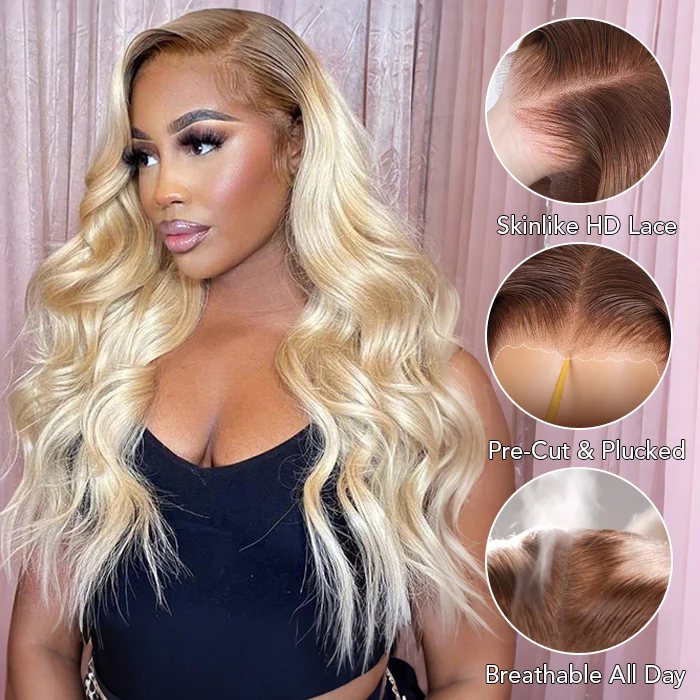 10″ – 40″ #4/613 Ombre Color Straight/Body Wave Human Hair Lace Front Wig
