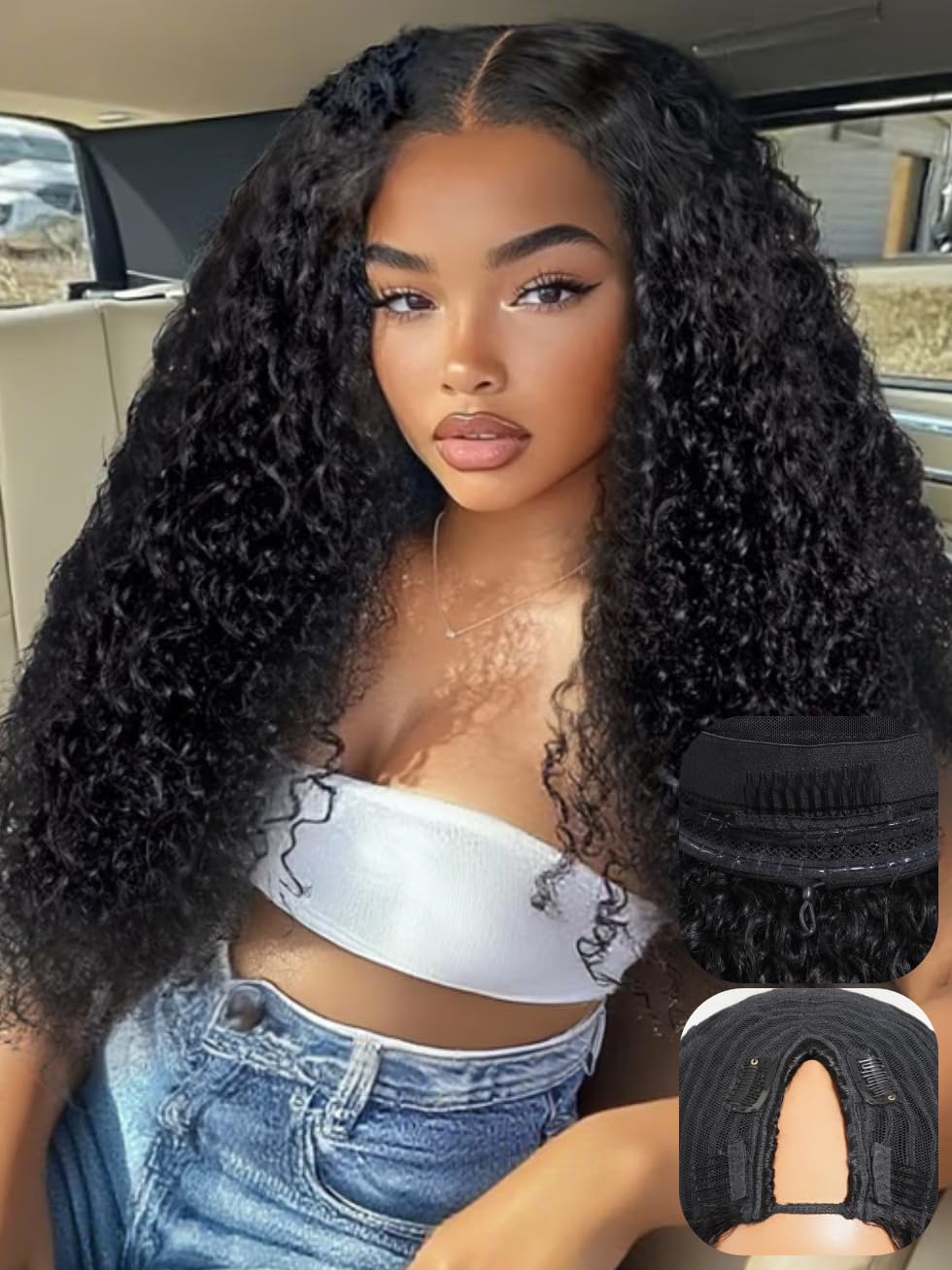 10″ – 40″ Natural Black Color Water Wave Human Hair U / V Part Wig