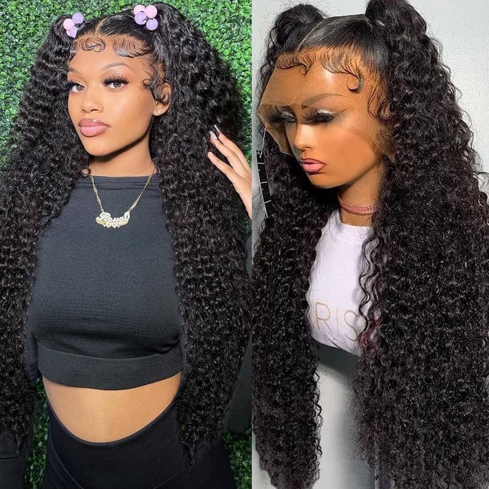 10″ – 40″ Natural Black Color Deep Curly Human Hair Lace Front Wig
