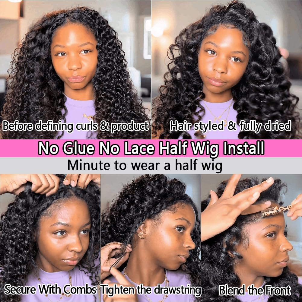 10″ – 40″ Natural Black Color Ripple Wave Human Hair Drawstring Half Wig