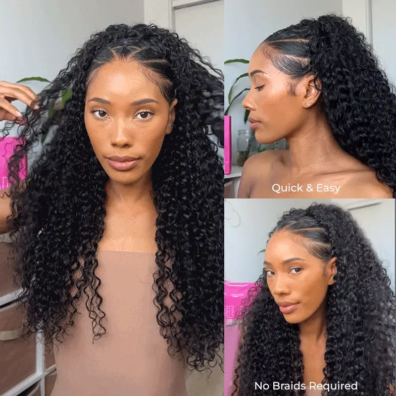10″ – 40″ Natural Black Color Water Wave Human Hair Drawstring Half Wig