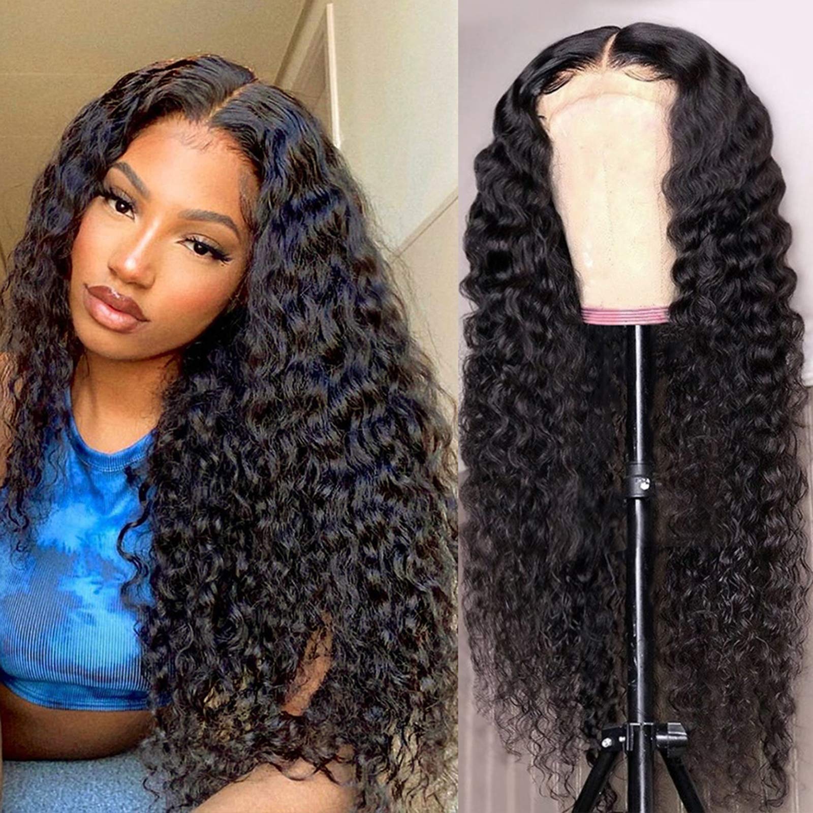 10″ – 40″ Natural Black Color Ripple Wave Human Hair Lace Front Wig