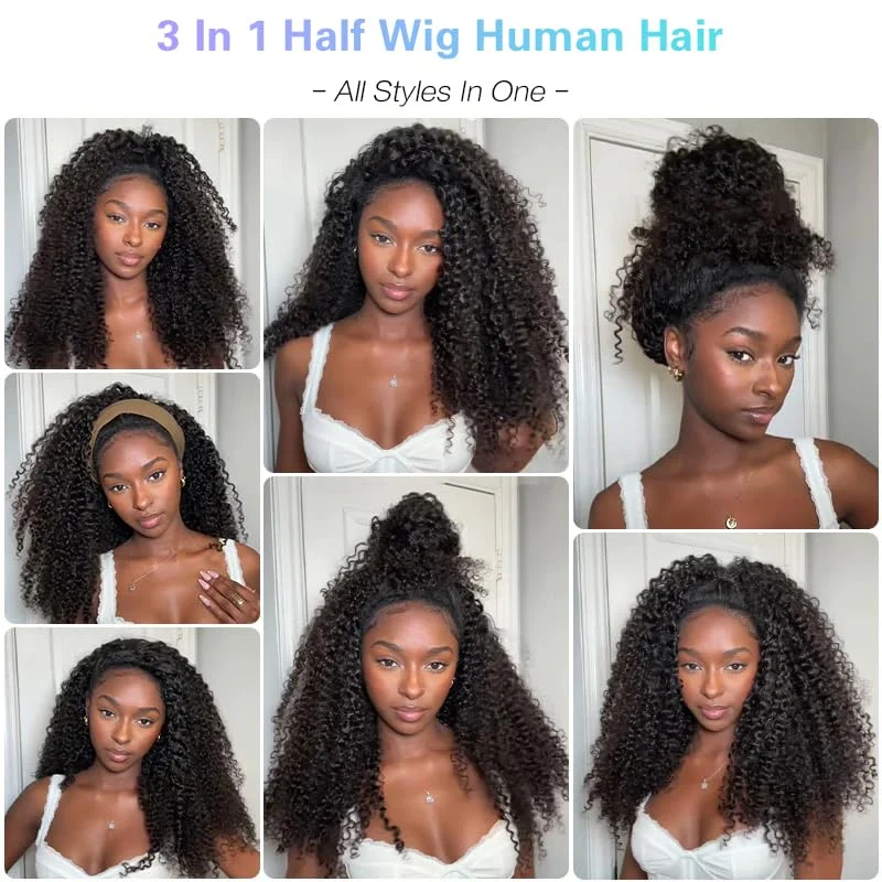 10″ – 40″ Natural Black Color Water Wave Human Hair Drawstring Half Wig