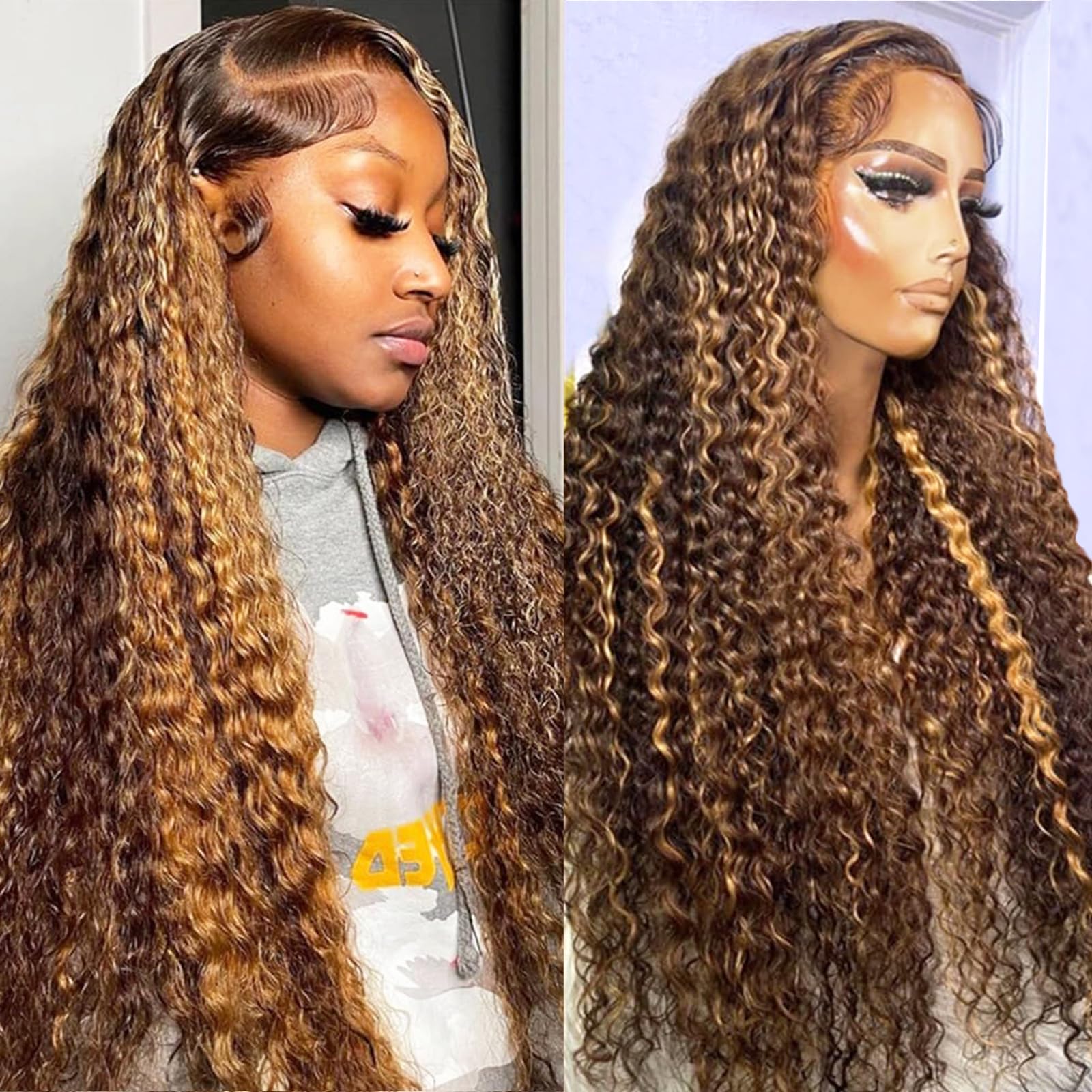 10″ – 40″ Highlight Color Deep Curly Human Hair Lace Front Wig