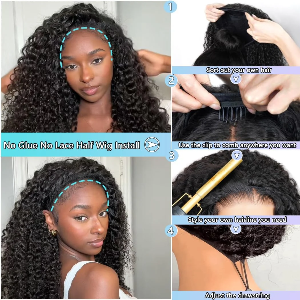 10″ – 40″ Natural Black Color Water Wave Human Hair Drawstring Half Wig