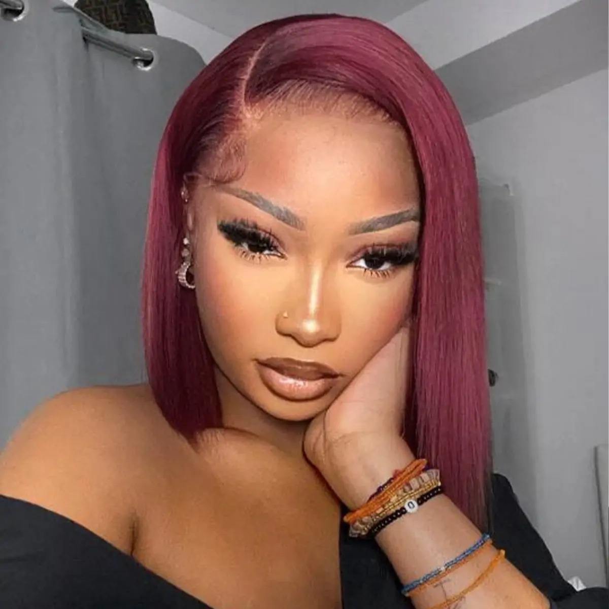 8″ – 14″ 99J & Burgundy Color Bob & Pixie Cut Human Hair Lace Front Wig