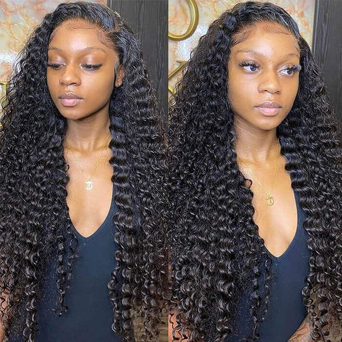 10″ – 40″ Natural Black Color Ripple Wave Human Hair Lace Front Wig