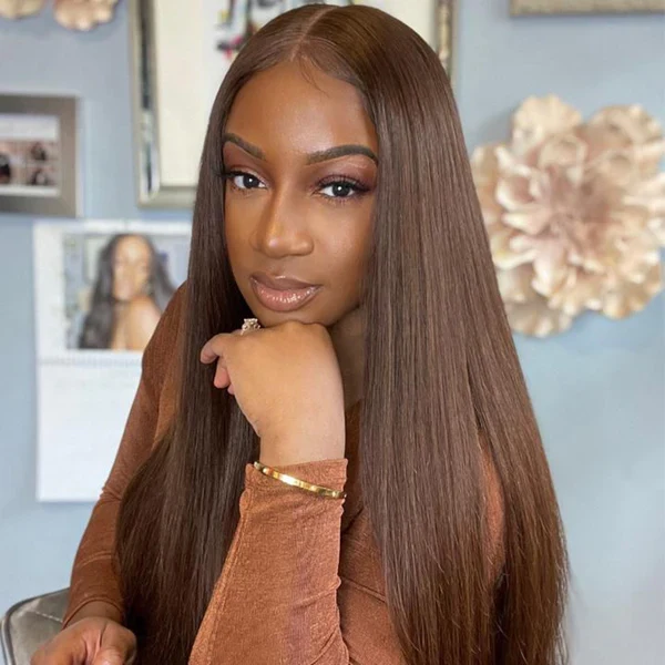 10″ – 40″ Medium Brown Color Straight Human Hair Lace Front Wig