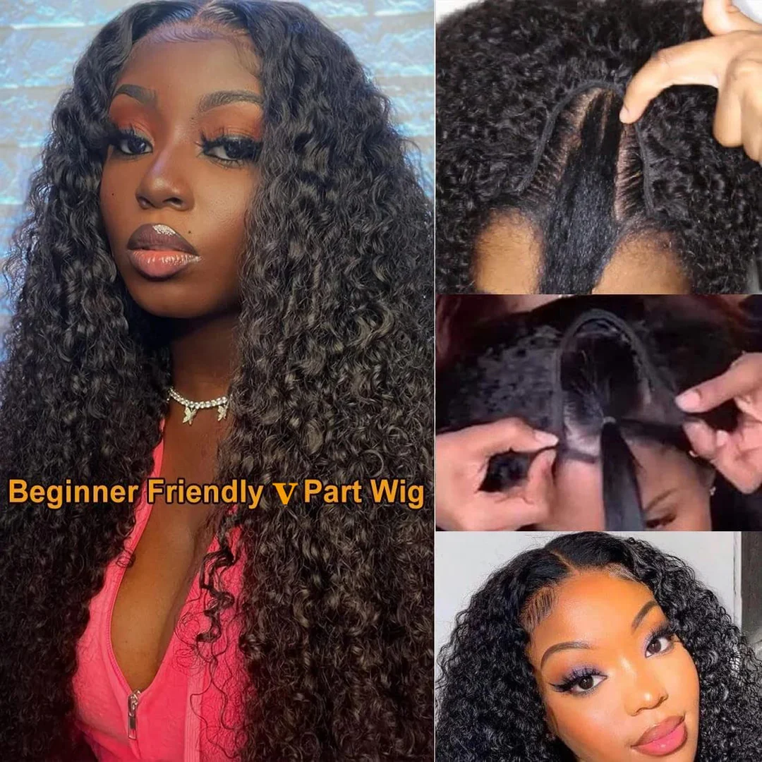 10″ – 40″ Natural Black Color Water Wave Human Hair U / V Part Wig