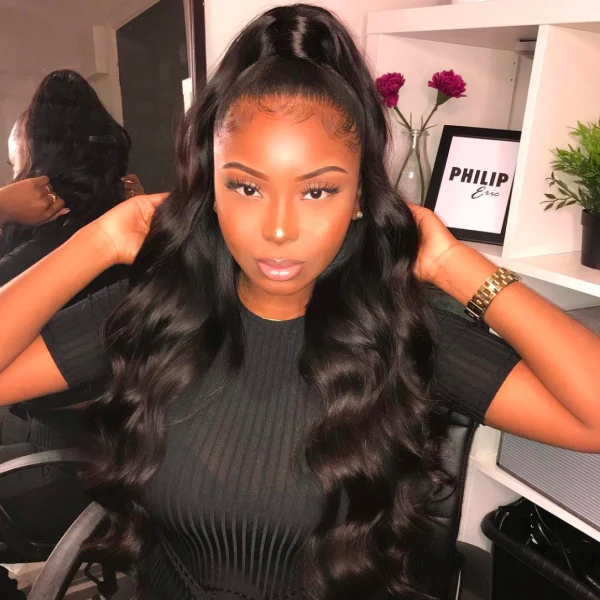 10″ – 40″ Natural Black Color Body Wave Human Hair Drawstring Half Wig