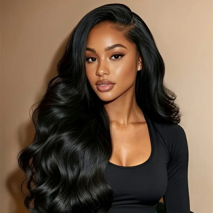 10″ – 40″ Natural Black Color Body Wave Human Hair Drawstring Half Wig