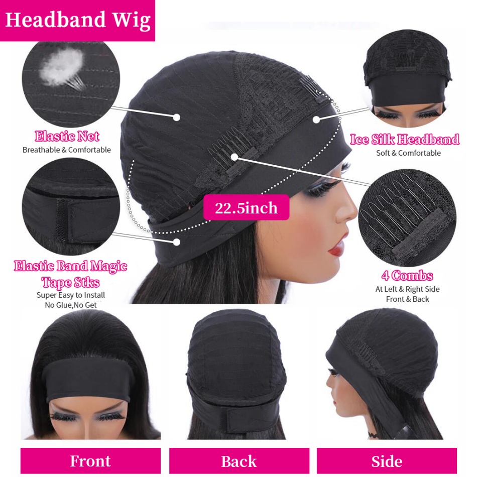 10″ – 14″ Natural Black Color Deep Wave Bob Human Hair Headband Wig