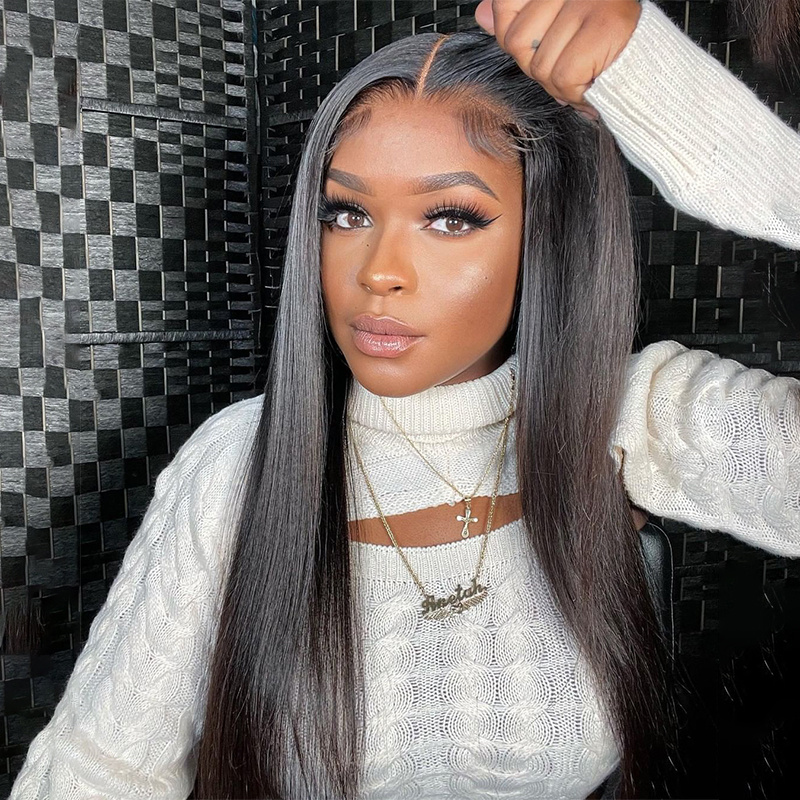 10″ – 40″ Natural Black Color Straight Human Hair Lace Front Wig