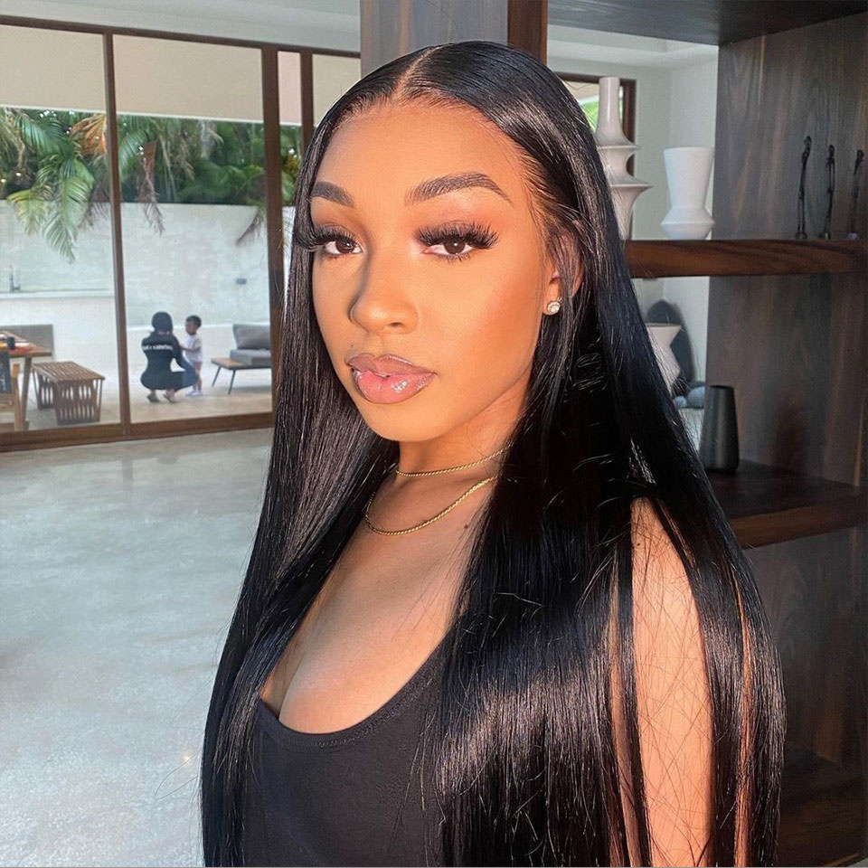 10″ – 40″ Natural Black Color Straight Human Hair Lace Front Wig