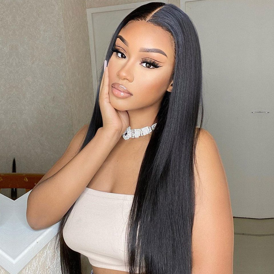 10″ – 40″ Natural Black Color Straight Human Hair Lace Front Wig