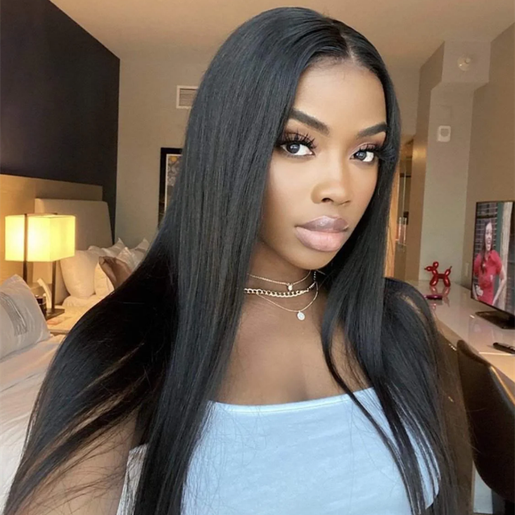 10″ – 40″ Natural Black Color Straight Human Hair Lace Front Wig