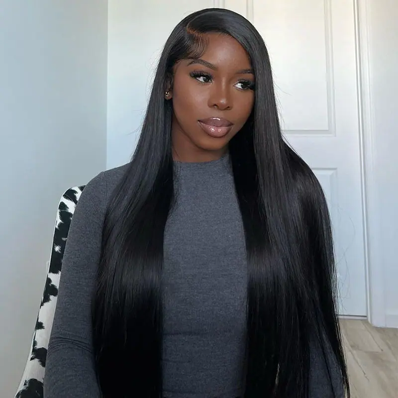 10″ – 40″ Natural Black Color Straight Human Hair Lace Front Wig