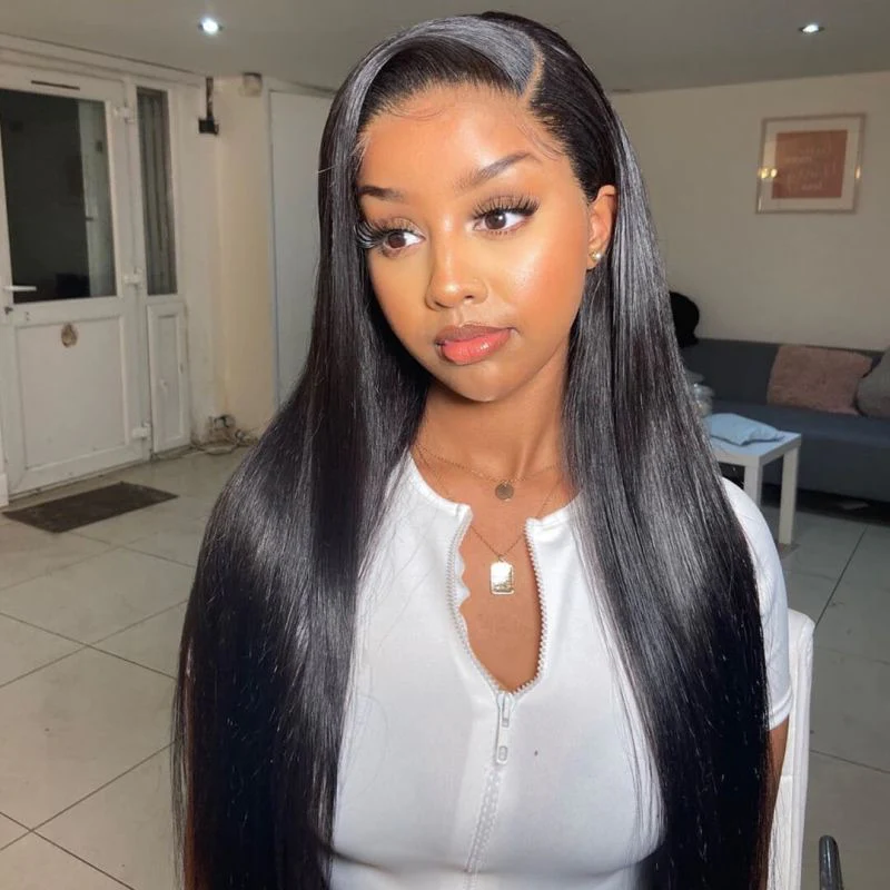 10″ – 40″ Natural Black Color Straight Human Hair Lace Front Wig