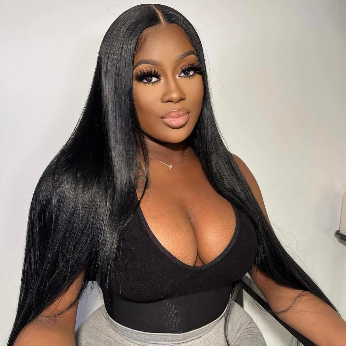10″ – 40″ Natural Black Color Straight Human Hair Lace Front Wig