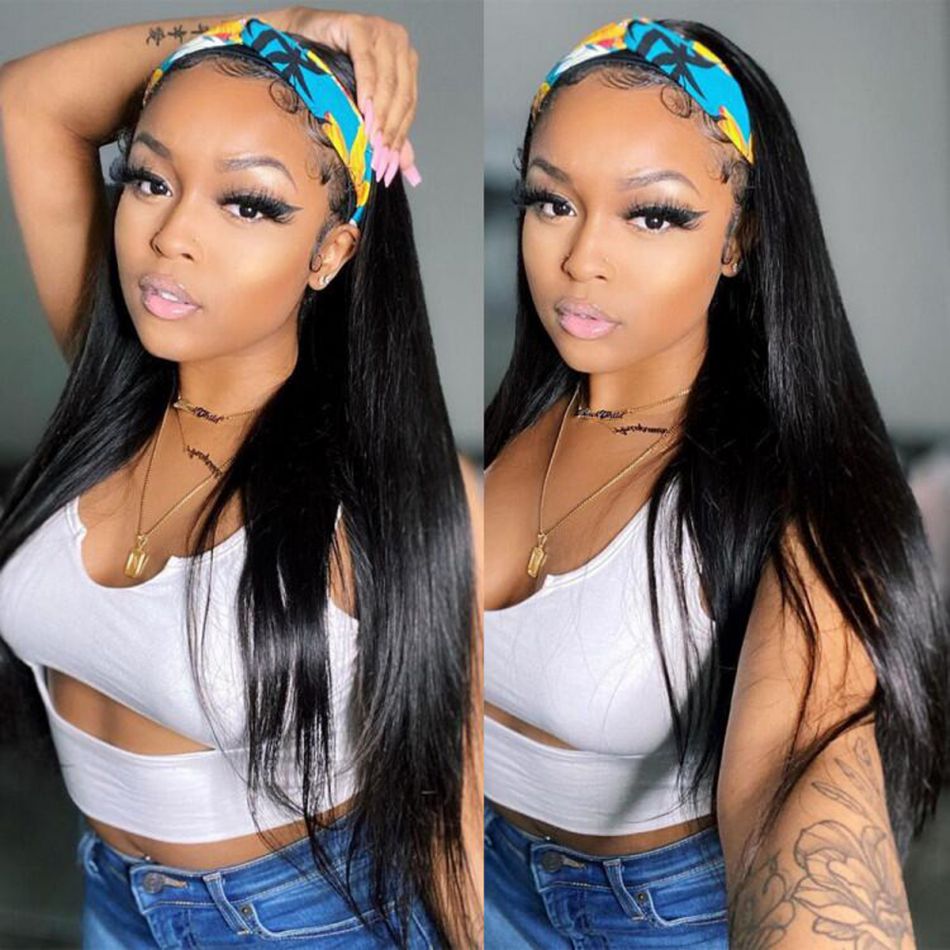10″ – 40″ Natural Black Color Straight Human Hair Headband Wig