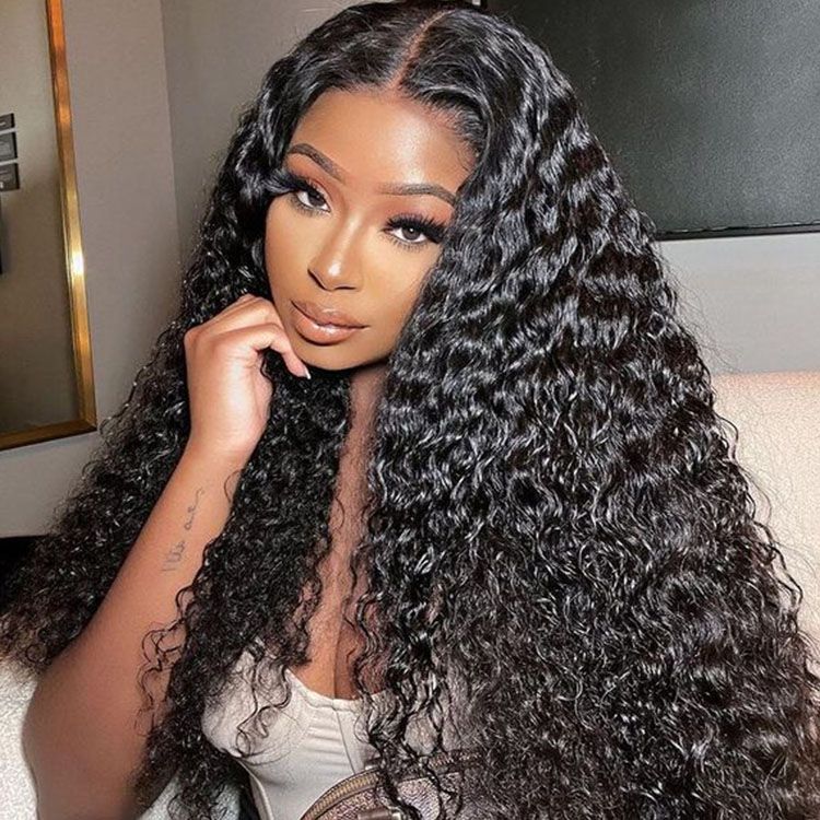 10″ – 40″ Natural Black Color Bohemian Curly Human Hair U / V Part Wig