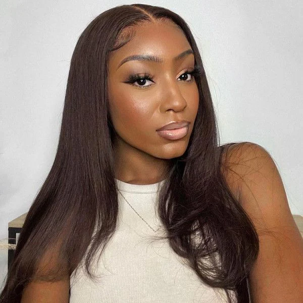 10″ – 40″ Medium Brown Color Straight Human Hair Lace Front Wig