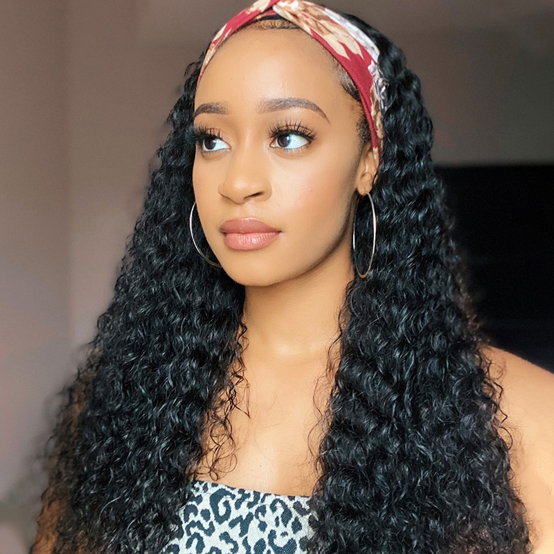 10″ – 40″ Natural Black Color Deep Curly Human Hair Headband Wig