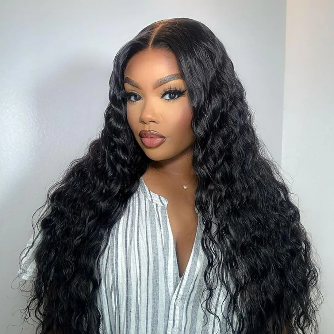 10″ – 40″ Natural Black Color Water Wave Human Hair U / V Part Wig