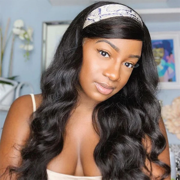 10″ – 40″ Natural Black Color Body Wave Human Hair Headband Wig