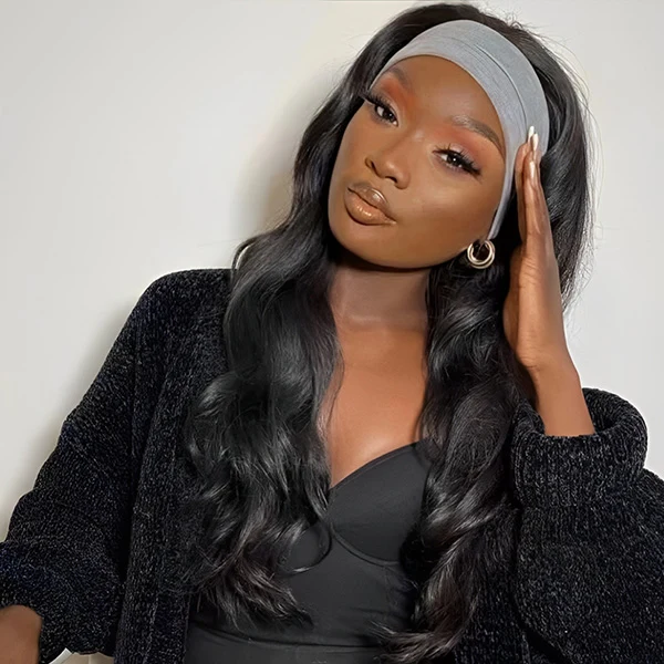 10″ – 40″ Natural Black Color Body Wave Human Hair Headband Wig