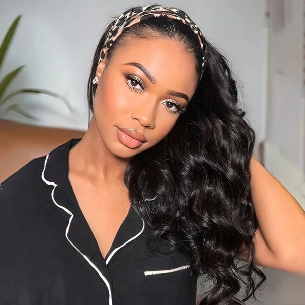 10″ – 40″ Natural Black Color Body Wave Human Hair Headband Wig