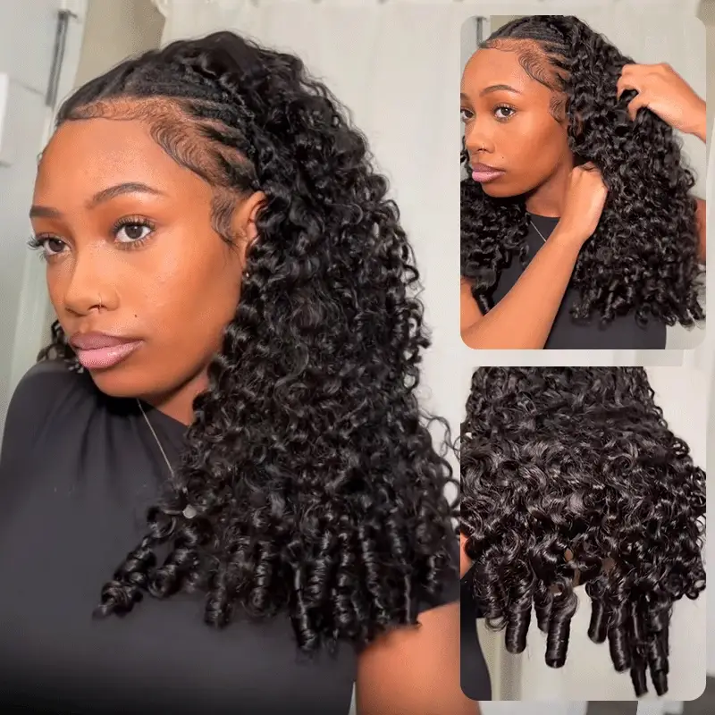10″ – 40″ Natural Black Color Burmese Curly Human Hair Drawstring Half Wig