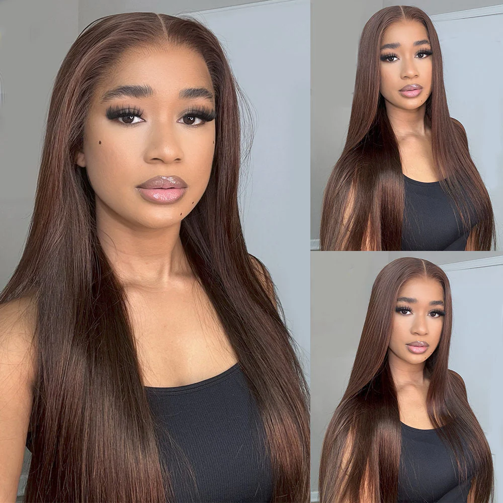 10″ – 40″ Medium Brown Color Straight Human Hair Lace Front Wig