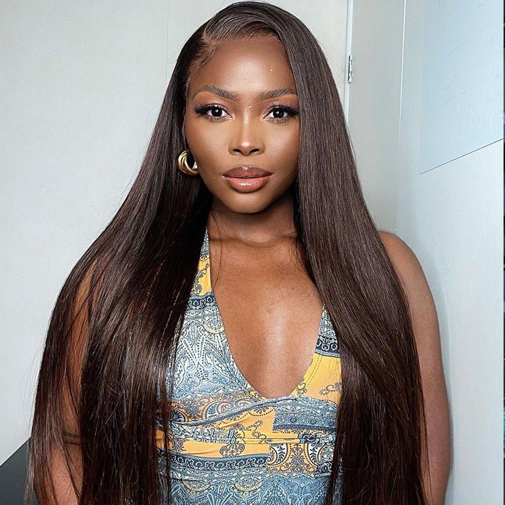 10″ – 40″ Dark Brown Color Straight Human Hair Lace Front Wig