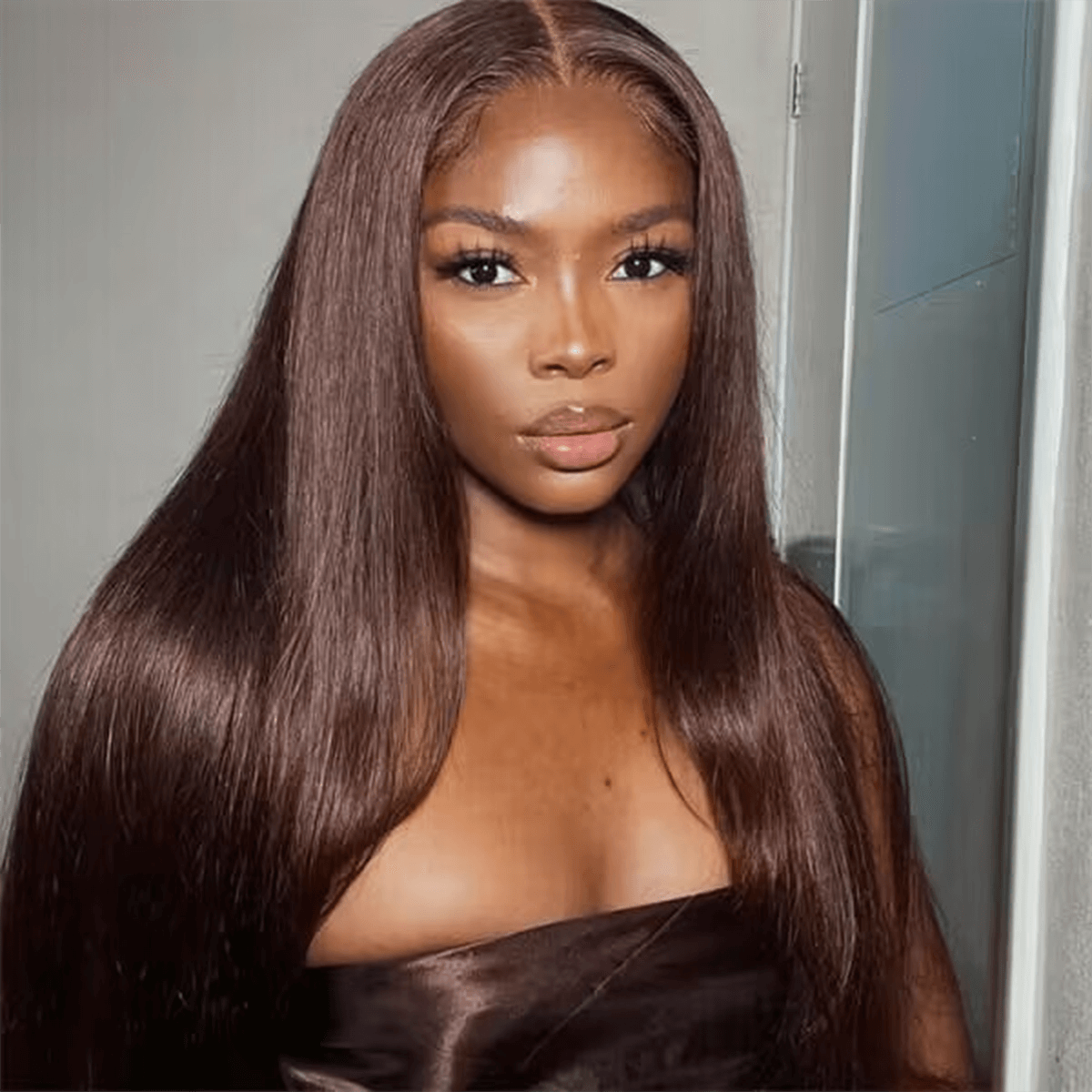10″ – 40″ Dark Brown Color Straight Human Hair Lace Front Wig