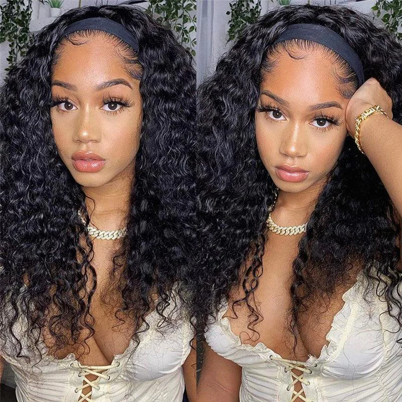 10″ – 40″ Natural Black Color Water Wave Human Hair Headband Wig